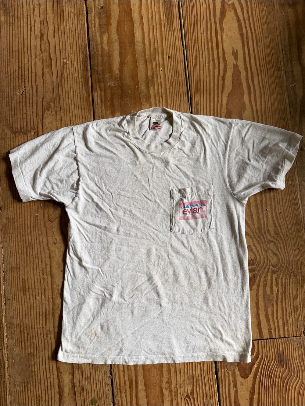 Evian water vintage White Short-Sleeve Tee with Pocket Logo